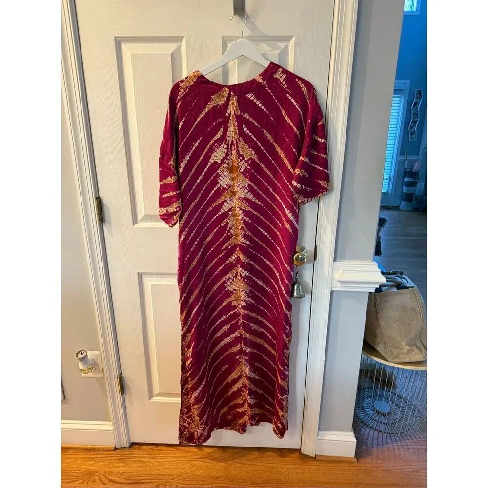 Free People On the Road Burgundy & Mustard Tie Dye Print Kaftan Maxi Dress Sz M